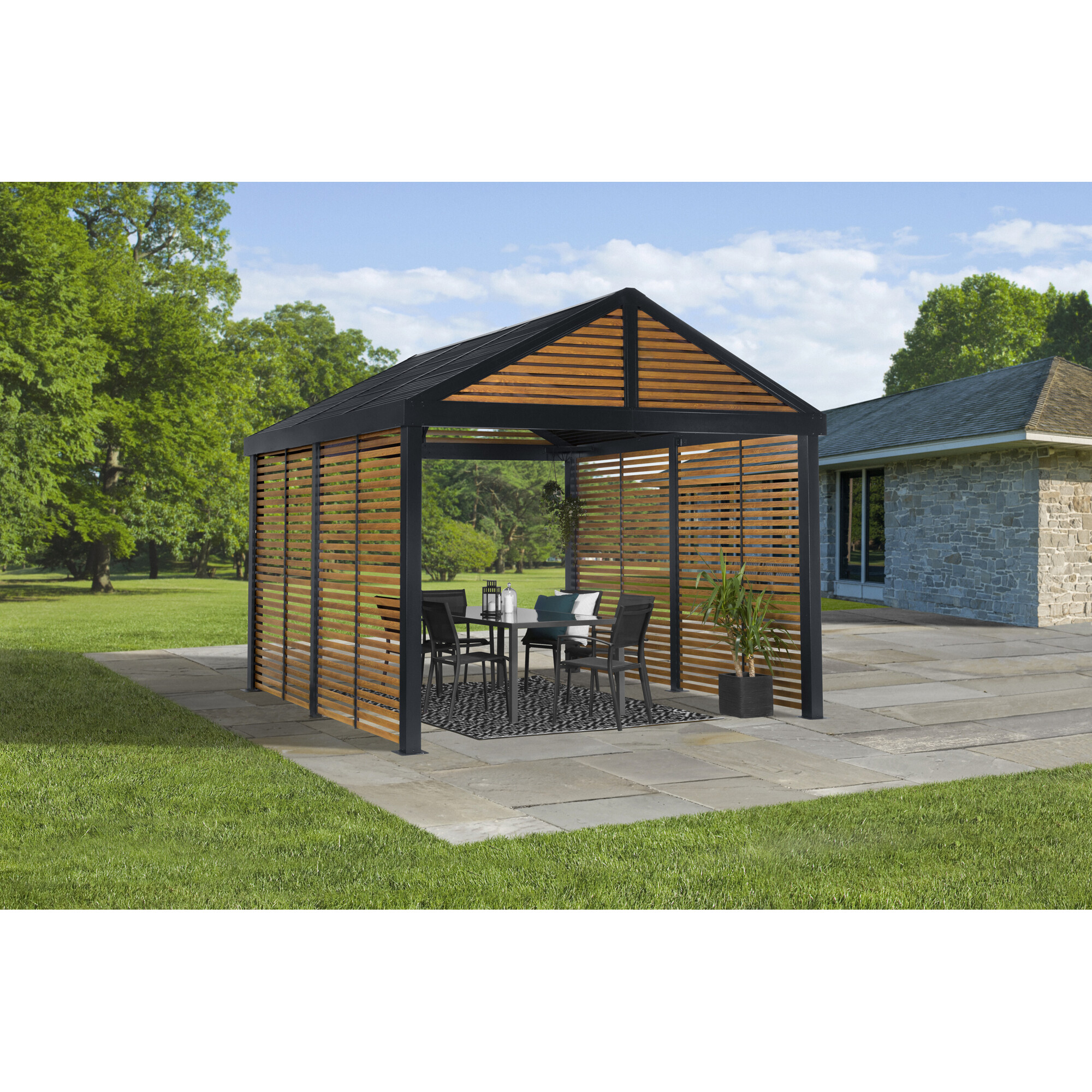 Sojag Outdoor 12' X 12' Boda Louver Wall Hardtop Gazebo Outdoor Sun Shelter, Brown/Dark Grey